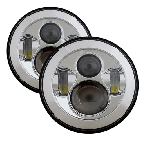 Projecteur Principal Phare Rond De Voiture 7 , 2 Pièces, Kit De Phares LED pour Land pour Rover pour Defender 90 110 Faisceau Haut Et Bas Accessoire Tout-Terrain 4x4 Feux Avants Auto(Chrome 2pcs)