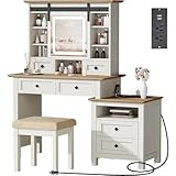 ANWBROAD Farmhouse Makeup Vanity Desk with Sliding Mirror and Lights Antique White Makeup Vanity Table Set with Charging Station 6 Drawers Nightstand 3 Colors Lights Stool Bedroom Women Girls UBDT56W