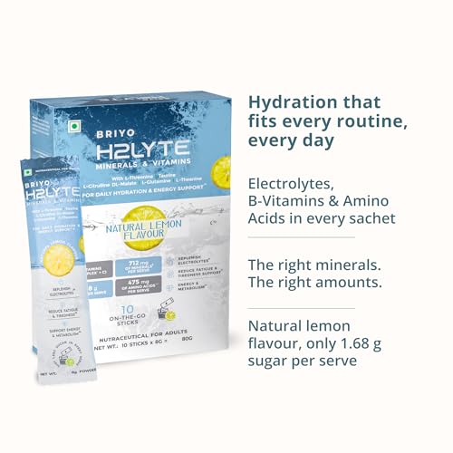 Image of Briyo H2Lyte Low Sugar Electrolyte Drink | Magnesium, Potassium & Sodium with 5 Amino Acids, B Vitamins & Vitamin C | Hydration & Energy Support | Natural Lemon Flavor