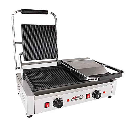 Aldkitchen Panini Sandwich Press Grill | Durable Stainless Steel Construction | Double Head | 110V (Ribbed / Plain) #TOP7