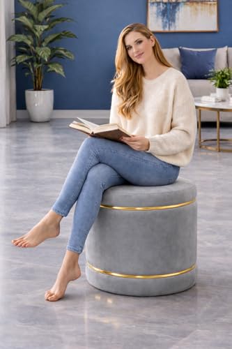 Image of Pouffes Sitting Stool for Living Room, Puffy Wooden Ottoman | Round Pouffe for Living Room & Bedroom | Pouf for Office & Home Decoration & Modern Seating Stool (Grey)