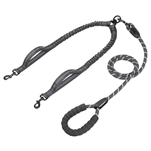 iYoPets Double Dog Leash with Two Extra Traffic Handles, 360 Swivel No Tangle Dual Dog Walking Leash, Comfortable Shock Absorbing Reflective Bungee for Two Dogs (18~120 lbs, Black)