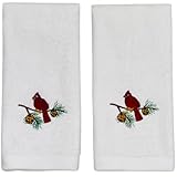 Serafina Home Christmas Fingertip Towels: Plush Velour Cotton with Embroidered Winter Cardinal Bird on Pine Tree, Set of 2 Christmas Fingertip Bathroom Towels,
