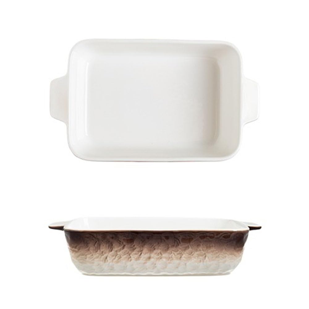 Plat de Cuisson Moule à pâtisserie rectangulaire en céramique dégradé de Couleurs, Double poignée, Vaisselle ménagère, rôtissage du Riz cuit au Four(Bruin,Grand)