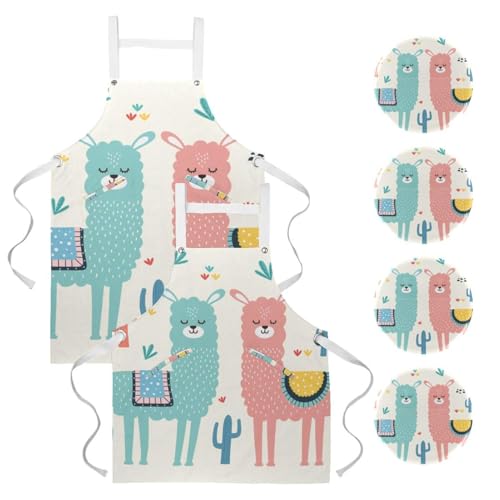 Tablier de cuisine imprimé lama multicolore avec 4 broches fantaisie