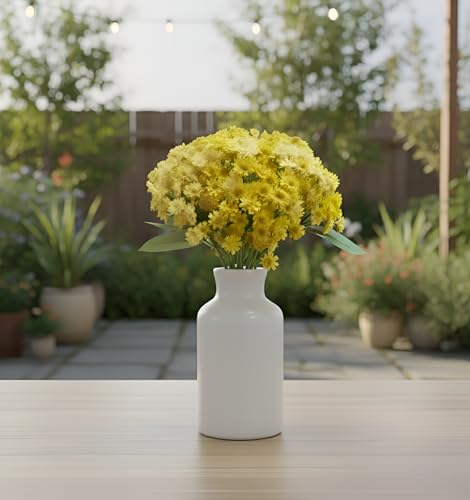 Image of Artificial Baby Breath Yellow Flower Bouquet - 12 Stems, 28cm Height Faux Daisy Bunch with Green Leaves for Home, Office, Wedding & Party Decoration