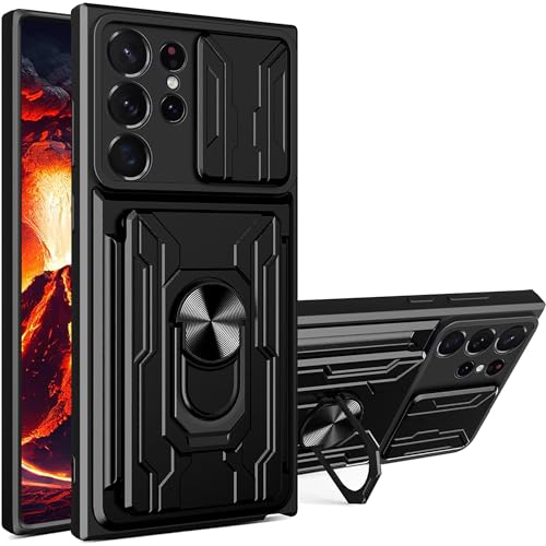 Samsung Galaxy S22 Ultra Case with Card Holder Camera Cover 360 Ring Kickstand Car Magnetic Mount Hard PC & Soft Bumper Shockproof 6.8 Inch Black