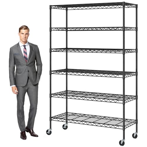 6-Tier NSF Heavy Duty Wire Shelving - 48" L x 18" W x 82" H Adjustable Storage Shelf with Wheels,2100lb Capacity for Kitchen/Warehouse/Garage (Black)