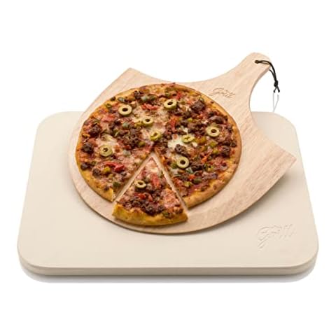 Pizzastein Hans Grill Pizza Ofenstein mit Holz Pizza Peel Brett | Langlebig, dick & echt Holz, Rechteckig, leicht zu Handhaben | Backen, Grillen und Servieren Für Torten, Gebäck, Kuchen, Brot, Pizza Cover