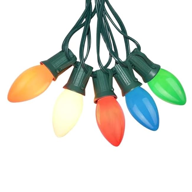 25Ft Outdoor Multicolor Ceramic Christmas String Lights,C9 Vintage Opaque Christmas String Lights for Patio Garden Xmas Tree Decoration,C9/ E17 Candelabra Base, Green Wire