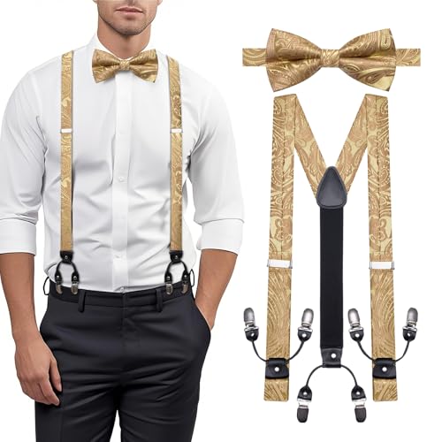 Image of YOHOWA Men Suspenders 6 Clips Strength Adjustable Y Braces Pre-Tied Bow Tie Set Formal Wedding Party