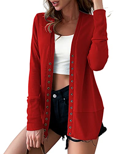 VERABENDI Women Long Sleeve Snaps Button Down V Neck Cute Knit Sweater Cardigan