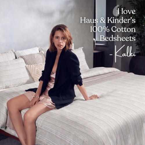 Image of Haus & Kinder Bedsheet for Double Bed | Queen Size Bed Sheet with 2 Pillow Covers 90 Inch x 100 Inch | 300 TC Pure Cotton Bed Sheet Double Bed | Verde Luxe Grey & White