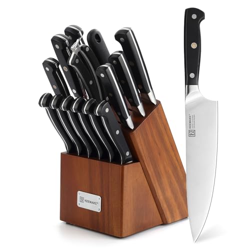 Image of KEEMAKE Knife Block Set, 15Pcs High Carbon Stainless Steel Kitchen Knife Set with Block, Ultra Sharp Knives Set for Kitchen with Knife Sharpener Kitchen Scissors, Forged Chef Knife Set