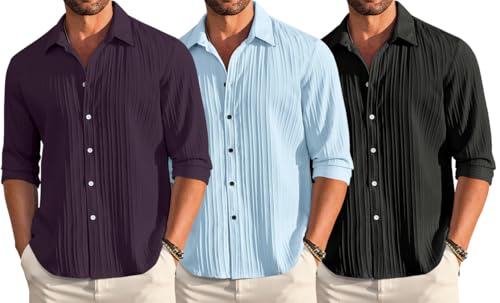 Image of FINIVO FASHION Combo of Men's Casual Cotton Plain Button Down Shirt Long Sleeve Textured Summer Beach Shirt for Men Pack of 3