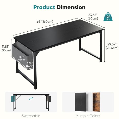 Image of OLIXIS Computer Desk, 63 Inch Gaming Desks for Home Office Small Spaces | Writing Study Craft Work Table, Computer Workstation for Bedroom with Storage Bag, Black