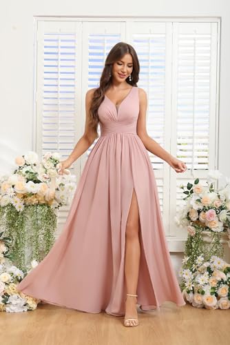 Chiffon Bridesmaid Dresses for Women Ruched V Neck Long Evening Party Dress with Side Slit3