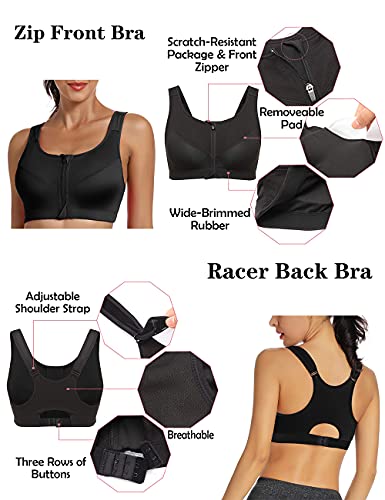 Mesh Zip Front Sports Bras Wirefree Post Surgery Bras High Support Workout Yoga Bras For Women High Impact Active Racerback Bras Adjustable Straps Plus Size For Large Breast (61 Dark Black, M) #TOP4