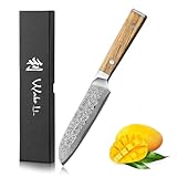 Wakoli Oribu Santokumesser - Full Tang Küchenmesser | 12,5 cm kleine Klinge aus 67-lagigem Damaststahl mit VG-10-Kern | Ergonomischer Griff aus Olivenholz | Scharf & Langlebig