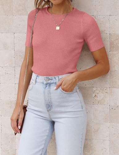 Image of ZESICA Women's Short Sleeve Sweater Tops 2026 Summer Crewneck Basic T Shirt