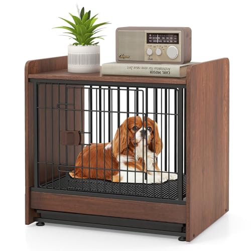 GOPLUS Mueble Jaula para Perros, Jaula para Perros de Interior con Cerradura y Bandeja Extraíble, Mesa Auxiliar Resistente para Perros, Caja para Cachorros y Perros de Tamaño Pequeño y Mediano