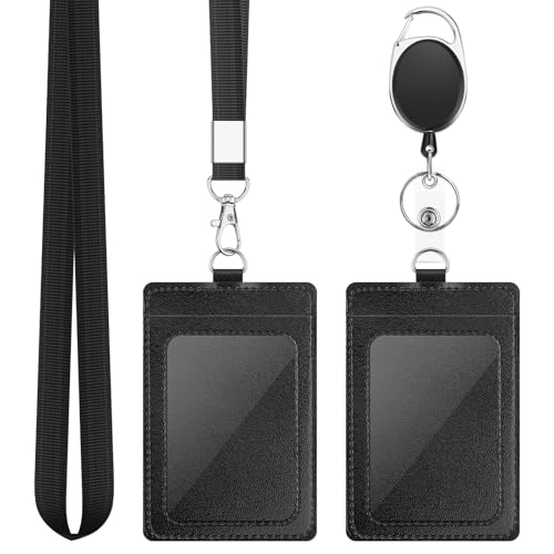 DUPENCD 2 Pack Badge Holders Vertical PU Leather ID Badge Card Holder with 1 Clear ID Window with Detachable Neck Lanyard Strap and Retractable Badge Reel ID Card Holders Set