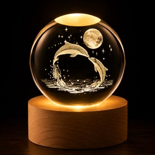 Image of Quace 3D Dolphin Crystal Ball Lamp, LED Crystal Globe Night Light with Wooden Base, USB Decorative Table Lamp for Bedroom Decor, Desk Decor, Birthday & Housewarming Gift
