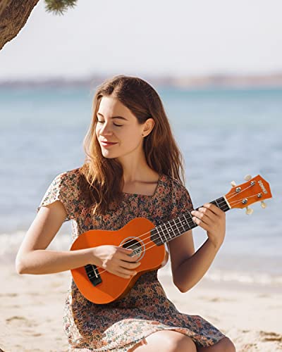 Image of Donner Soprano Ukulele for Beginners 21 Inch Ukelele Starter Bundle Kit with Free Online Lessons Bag Strap String Tuner Picks Cloth Ukalalee Yukalalee (Orange)