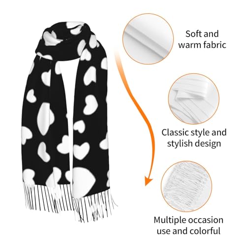 Whimsical Black And White Hearts Pattern Soft Scarf, Winter Warm And Lightweight Shawl, 77x27 Inch Oversized Printed Men'S And Women'S Scarf3