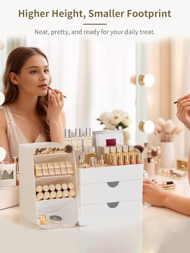 Image of Booklov Small Makeup Organizer for Vanity and Bathroom Countertop, White | Plastic Cosmetic Display Case with Drawers, Beauty Brush Holder for Dresser Counter, Storage Skin Care Eyeshadow Lipstick