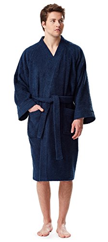 Arus Men's Short Kimono Bathrobe Turkish Cotton Terry Cloth Robe Navy Blue Large-X-Large
