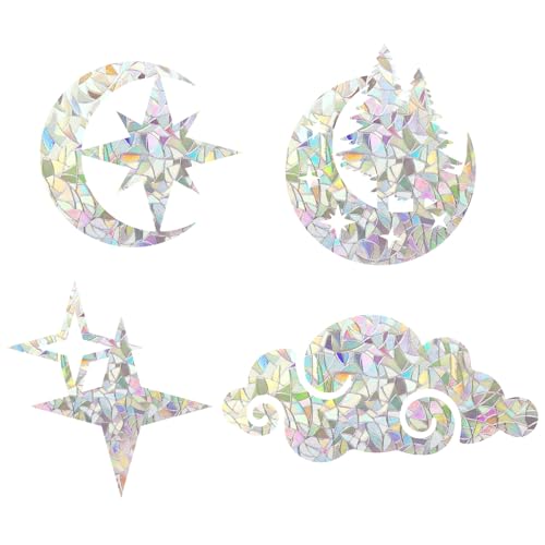 PRESSINART 16 Unidades 4 Estilos Pegatinas de Luna Y Estrella para Ventanas Pegatinas Arcoíris para Ventanas Pegatinas de Protección de Aves Vinilos Prismáticos Atrapasoles Pegatinas para Decoración
