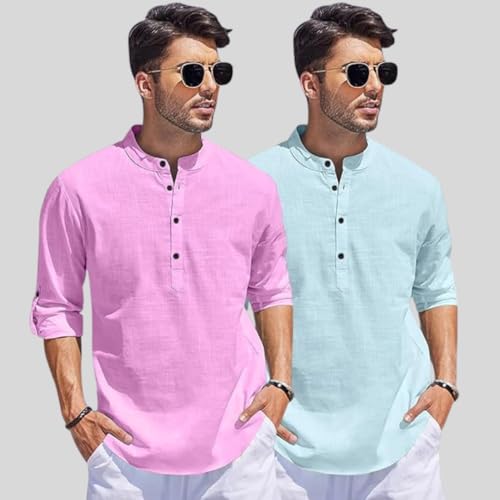 Image of Bellstone Men's Cotton Blend Straight Kurta Shirt Combo with Mandarin Collar - Slim Fit Casual Short Kurti Set Featuring Textured Slub Fabric and Roll-Up Full Sleeves