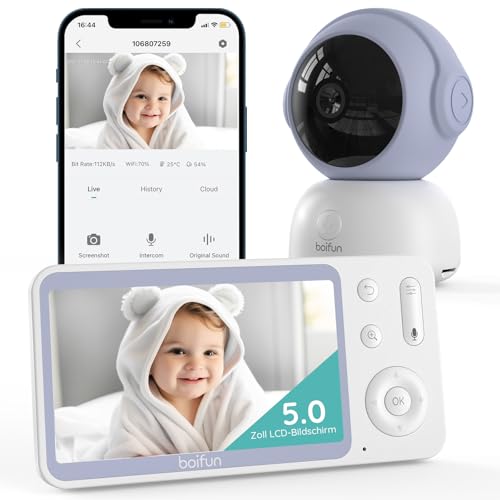 BOIFUN 2K/3MP Babyphone mit Kamera WLAN, Nachtsicht ohne sichtbares Licht, 5 Zoll Video Babyfon mit App, 360° Automatische Verfolgung, Weinen-, Bewegungs- und Geräuscherkennung, Temperaturerkennung