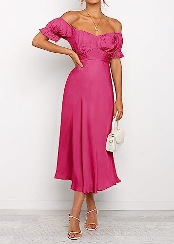 Image of KIRUNDO Women's Satin Summer Wedding Guest Cocktail Dress | 2026 Spring Fall Party Midi Dress, Silky, Elegant Off Shoulder Short Sleeve, Ruffle Mermaid Hem, Wrap Prom Formal Outfits