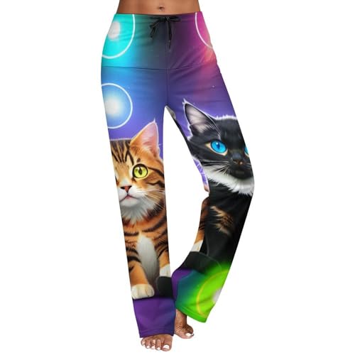 JZDACH Women's Classic Stretchy Pull On High Rise Drawstring Yoga Pants Straight, Compatible with Two Cats with Bubbles, Large