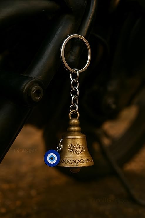Image of Guardian Bell Keychain for Bike & Car | Tibetan Texture Bell Keychain with Evil Eye & Silver Hook | Good Luck Charm