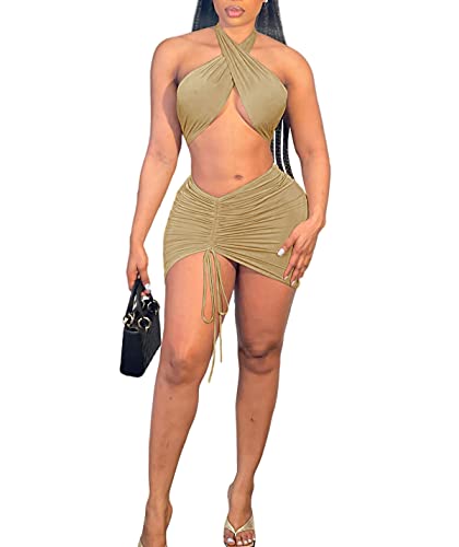 BYDIVA Women s Sexy Halter Neck Tops Side Ruffle Mini Skirts Sets Beachwear Khaki M