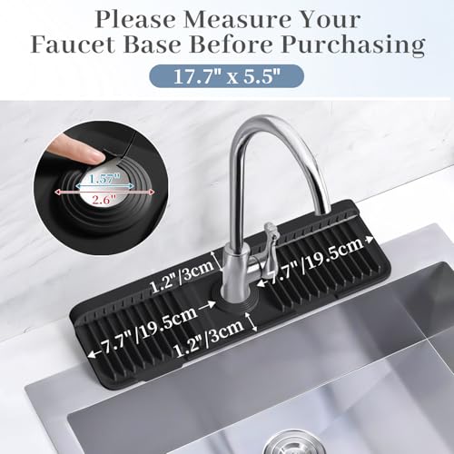 Image of PoYang 17.7 inch Faucet Mat for Kitchen Sink Splash Guard, 7 Slope Silicone Sink Water Splash Guard for Kitchen Sink Area with Snap Button, Long Sink Protectors for kitchen Sink Sponge Holder, Black