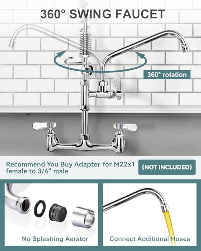 Image of 21 inch Height Commercial Faucet Wall Mount with Sprayer 8 inch Adjustable Center 10 inch Swing Spout, Kitchen Sink Faucets with Pull Down Pre-Rinse Sprayer for Restaurant Industrial Kitchen, Chrome