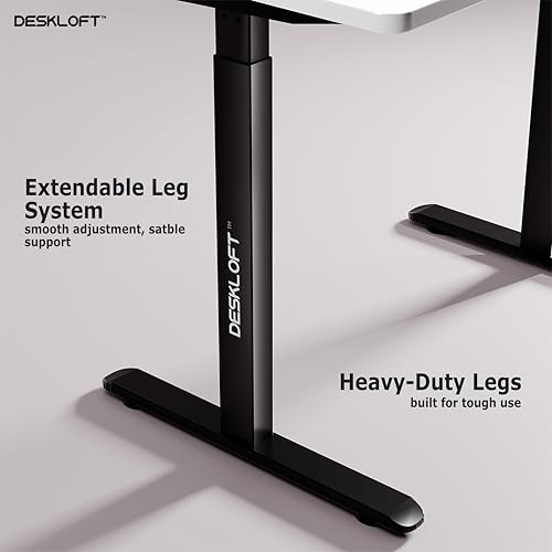 Image of Electric Standing Desk Height Adjustable Table | Ergonomic Sit Stand Workstation with Walnut Wood Grain Top | Motorized Computer Desk for Home Office (Black Frame & White Top, 1200x600 mm)