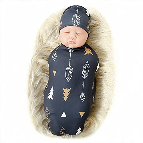 Galabloomer Newborn Swaddle Blanket with Beanie Set Baby Boy Receiving Blanketâ€¦ (Gold Arrow)