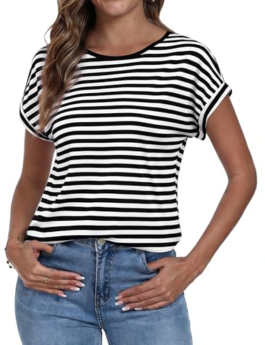 Camiseta Negro Manga Corta Mujer Cuello Redondo Top Mujer a Rayas Camisetas Basicas Corte Holgado y Cómodo Blusa Casual de Verano Diseño Ligero y Transpirable Ideal para Uso Diario L