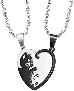 Heart Pendant Necklace for Best Friend Couples Pendants Necklaces Stainless Steel Pendant Love Friendship Jewellery for Women His and Hers Graduation Birthday Lovers Valentines Gifts(Yin Yang Cat)