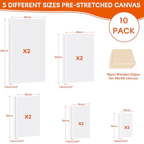 Koncci Leinwand zum Bemalen, 10 Stück 5 Größe Keilrahmen,10x15, 15x20, 20x25, 25x30, 30x40cm(je 2 Stück), 280g/m² Dreifach Grundiert Baumwolle Leinwand, Leinwände für Acrylfarbe, Aquarell, Öl, Gouache