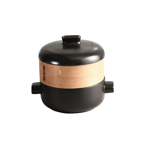 FYDN 日本の蒸し器キャセロール 蒸し器付きスープポット シチューポット 竹製多層ホテル 家庭用セラミックキャセロール せいろ付きホーロー鍋 蒸籠 セット セイロ (1L,ブラック)