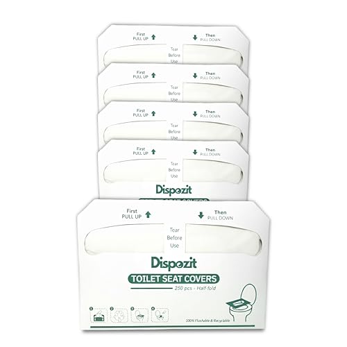 1250 Pcs Disposable Flushable Toilet Seat Covers (5 Packs of 250 Pcs) | 100% Biodegradable Commercial Toilet Seat Covers | Half-Fold Wall Dispenser Compatible | DISPOZIT Safe Liners