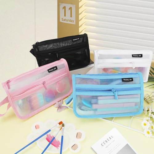 Image of Pencil Case, Grid Mesh Pencil Pouch, Large Capacity White Pencil Bag, Clear Pencil Case with Handle and Zipper, 2-Layer Pen Case Aestheic Stationary Organizer Bag for Office Back to School Supplies