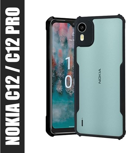 Image of AIBEX Crystal Clear Back Cover Case for Nokia C12 | 360 Degree Protection | Shock Proof Design | Transparent Back Cover Case (PC & TPU, Black Bumper)