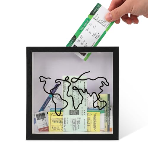 Scatola Archivio Avventure, Scatola Ombrelli Viaggio in Acrilico Stampata con Motivo a Mappa Scatola Ombrelli Ricordi Viaggio Cornice Legno Appesa per Biglietti, Foto, Francobolli (Nero)